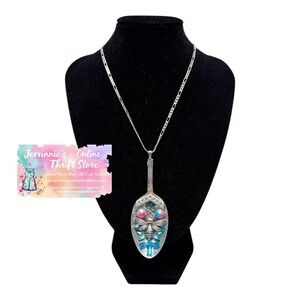 Handmade Upcycled Spoon Bee Pendant Necklace Silver Tone Figaro Chain Blue Pink
